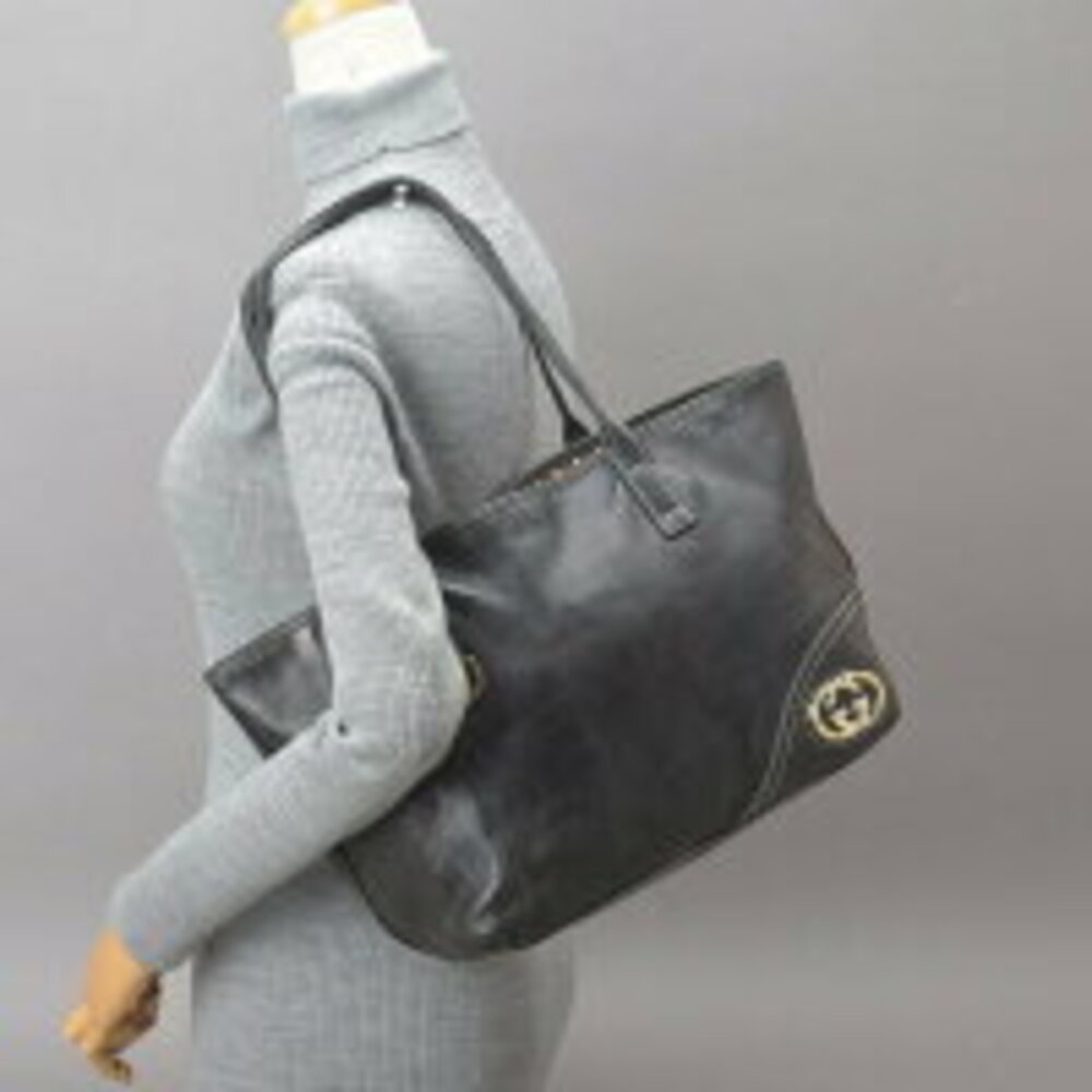 Gucci Bag Double Black Leather Tote Brit Shoulder ag GG - Picture 5 of 6